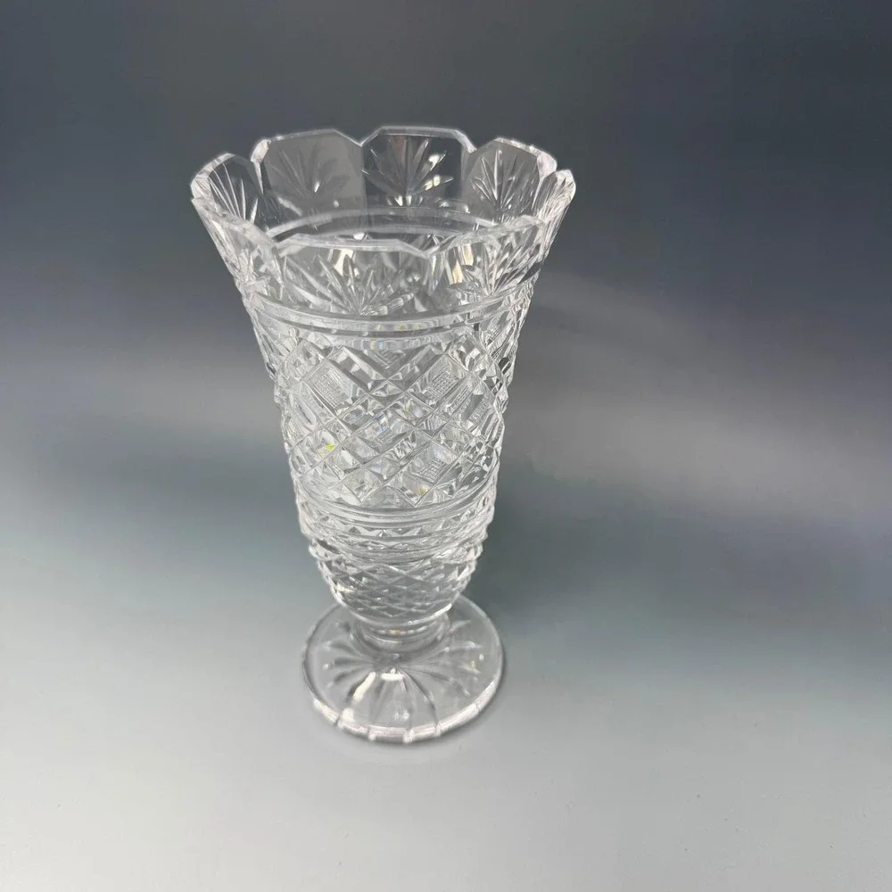 Vintage Cut Crystal Footed Vase Clear Glass Diamond Pattern Scalloped Rim 8 Inch